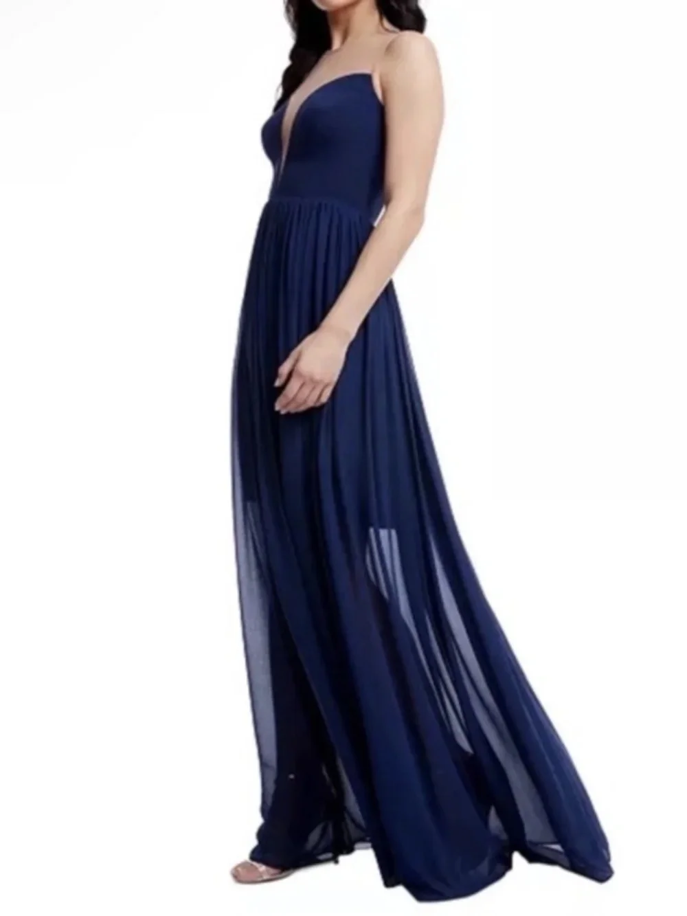 Dress the Population Eleanor Illusion Plunging Neck Gown Navy Blue Size XS
